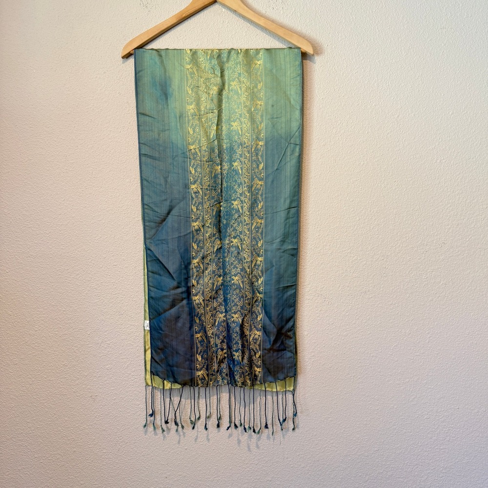 Vintage 100% Silk Ombre Scarf Teal Green Gold Bird Paisley Floral Fringe Wrap